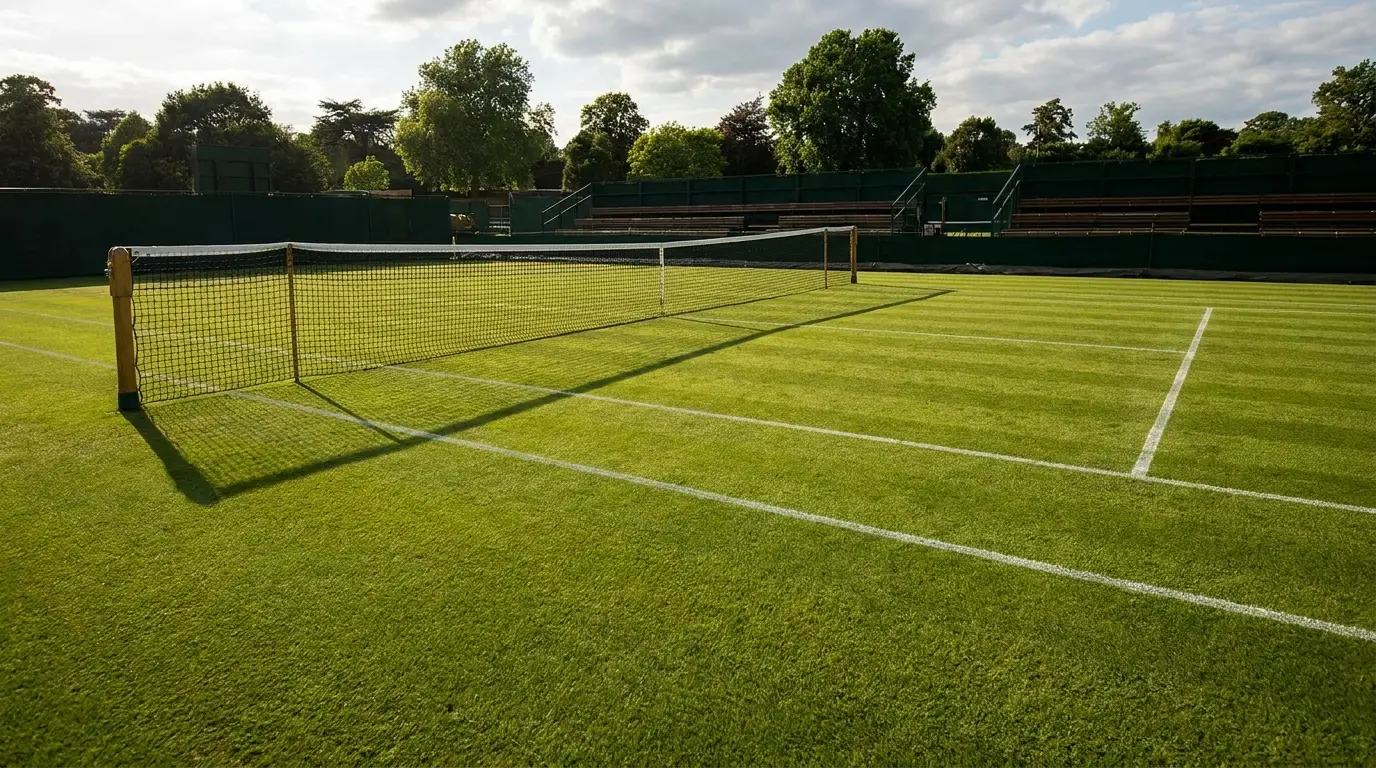 Wide shot of an empty grass tennis court from a low baseline angle, net stretching across the middle, showing court lines and the lush green surface in afternoon light