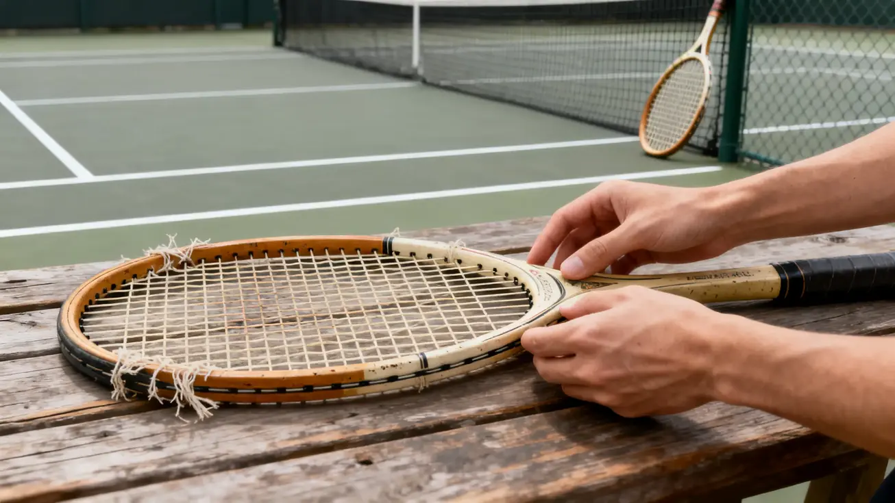 A tennis racket laid flat on a wooden surface being inspected for wear and damage before listing for sale