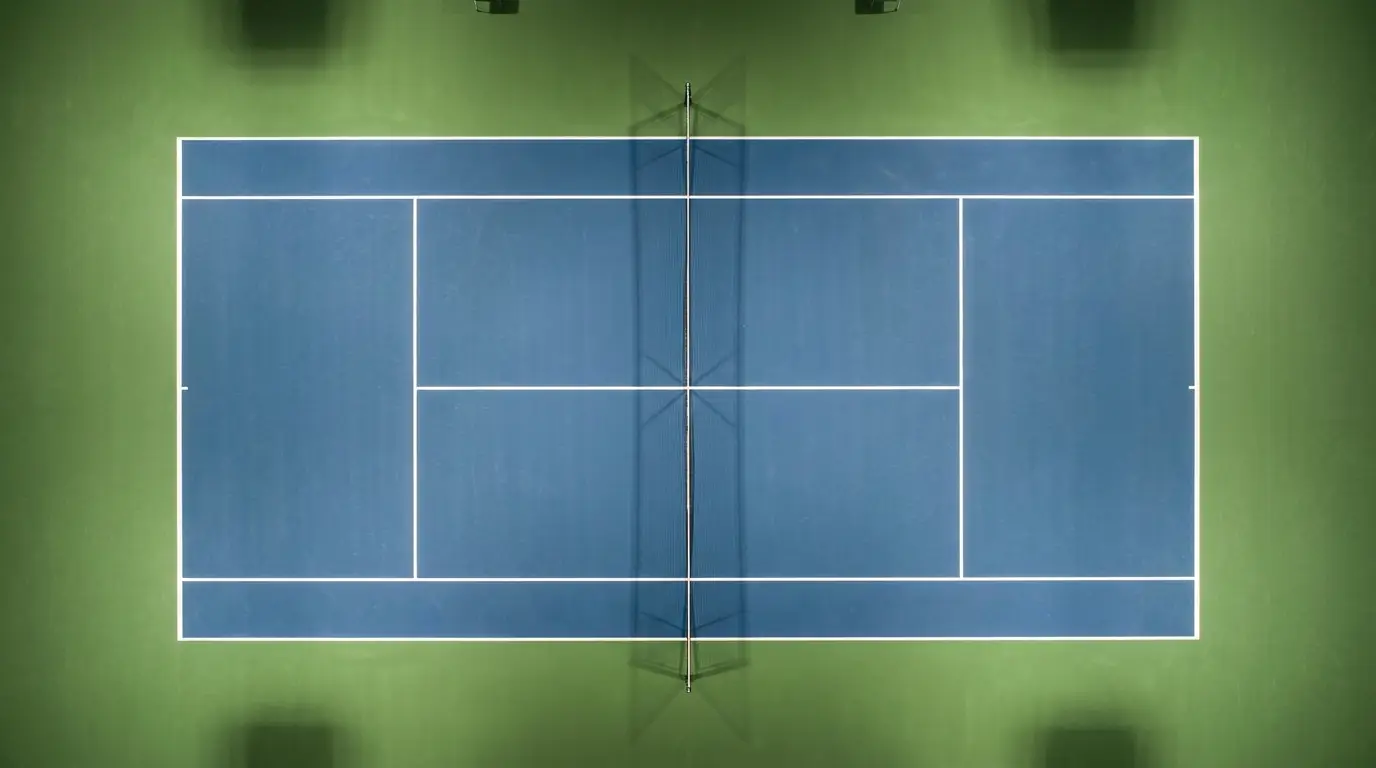 Overhead view of an empty indoor hard tennis court, net stretched tight, showing the full service boxes and baseline markings under bright stadium lighting