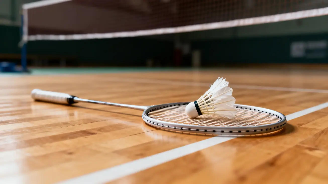 Close-up of a badminton shuttlecock resting on the strings of a racket on a wooden court floor, shot from low angle with the net blurred in the background