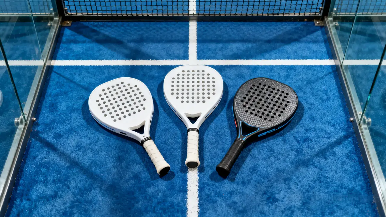 Uma vista de cima de três raquetes de padel dispostas lado a lado numa superfície de court de padel azul, mostrando de perto diferentes materiais de face e empunhaduras