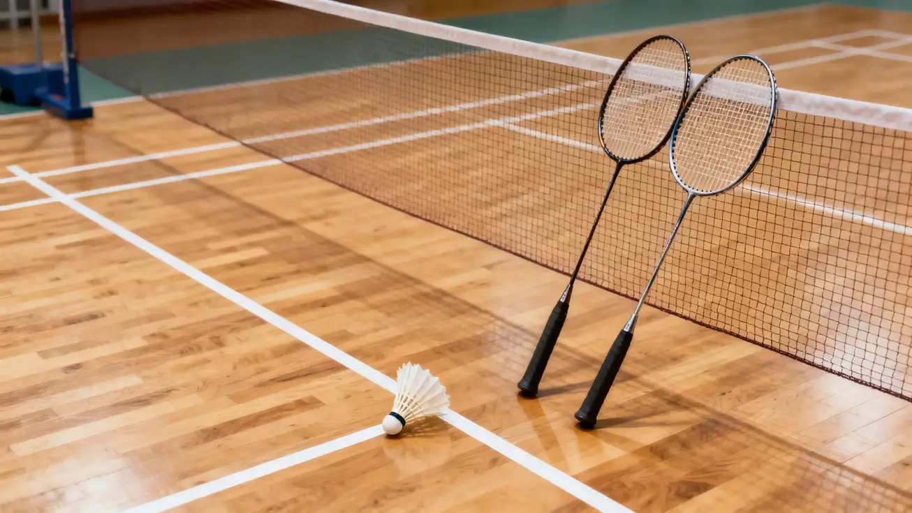 Overhead view of an empty badminton court showing the full court lines, net, and a shuttlecock resting near the service line on a wooden indoor surface