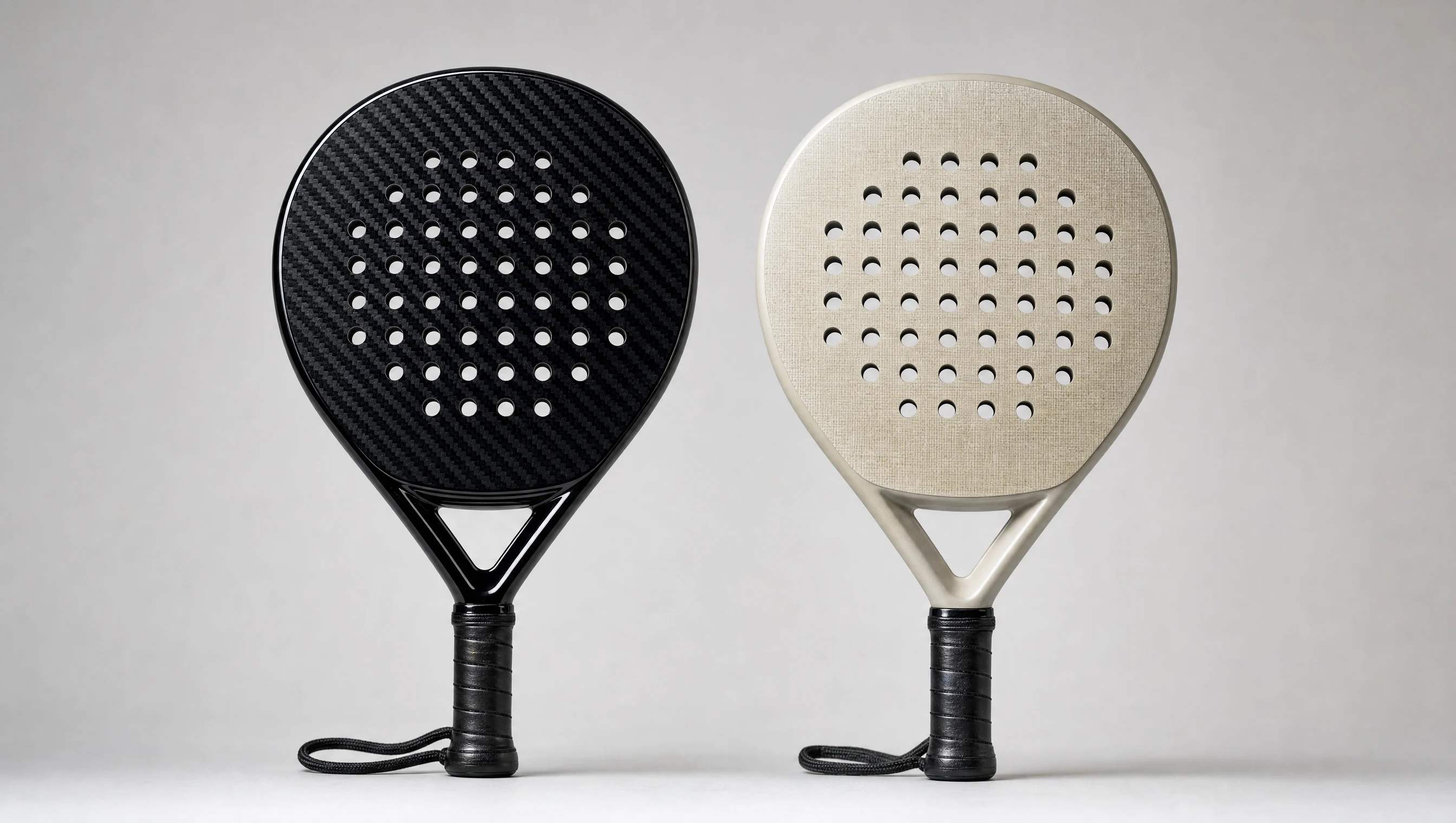 Two padel rackets side by side, one with a glossy black carbon-fibre face and one with a lighter fibreglass face, showing the difference in face material