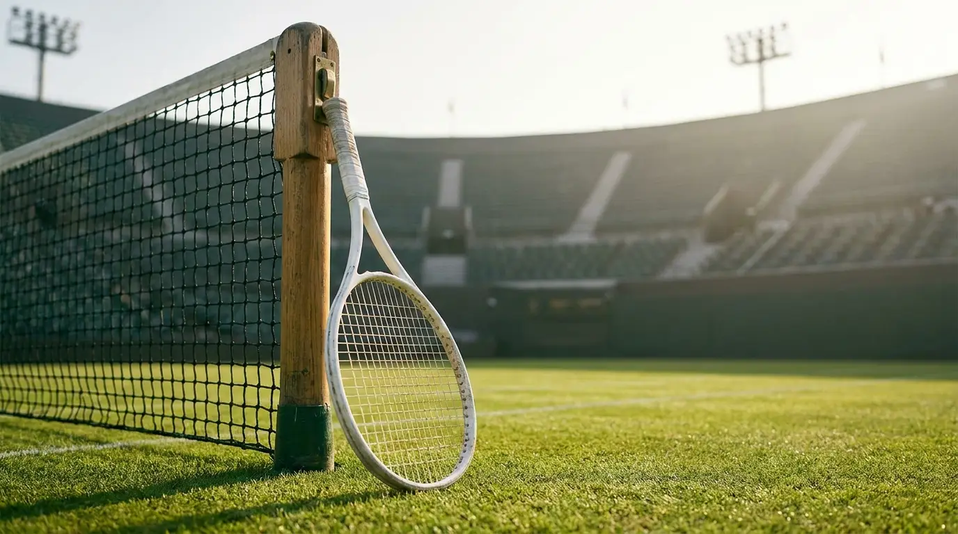 A white tennis racket resting against the net post of a grass court, with an empty stadium in soft focus behind it