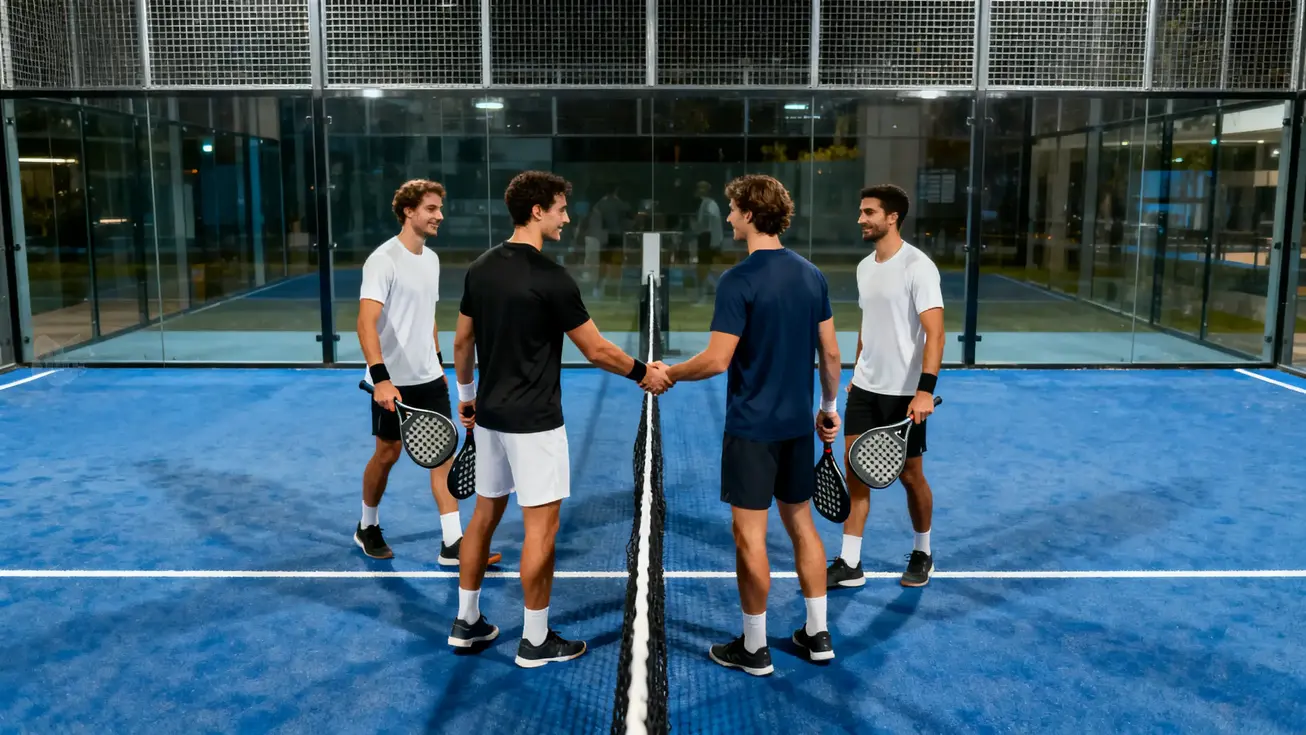 Four padel players shaking hands at the net on an outdoor padel court