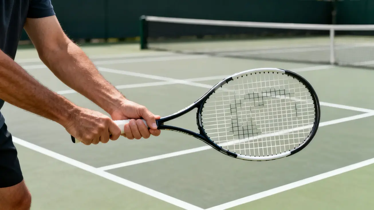 An adult beginner holding a tennis racket on a hard court, viewed from the side