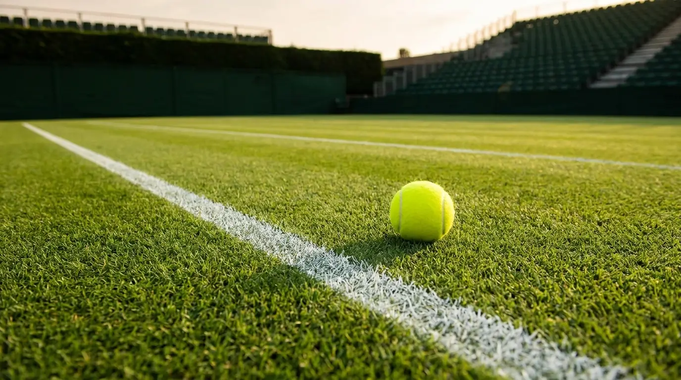 A grass tennis court with a yellow ball resting near the baseline, Wimbledon-style white lines sharp in afternoon sun