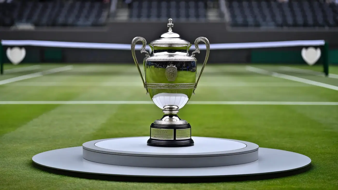 A complete polished silver championship tennis trophy standing on a presentation podium beside a grass court, stadium softly blurred behind, no people
