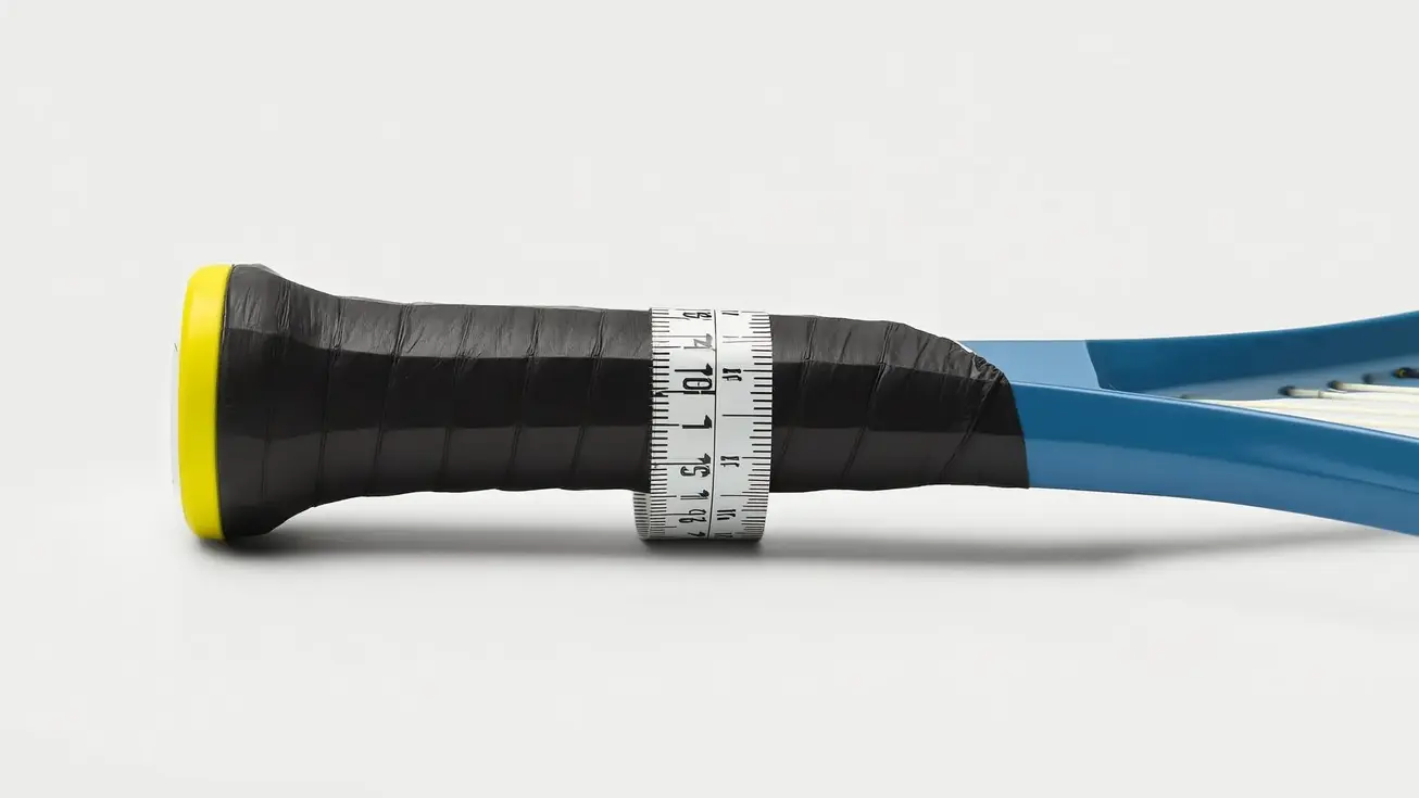 Close-up of a tennis racket handle wrapped in an overgrip, with a measuring tape alongside