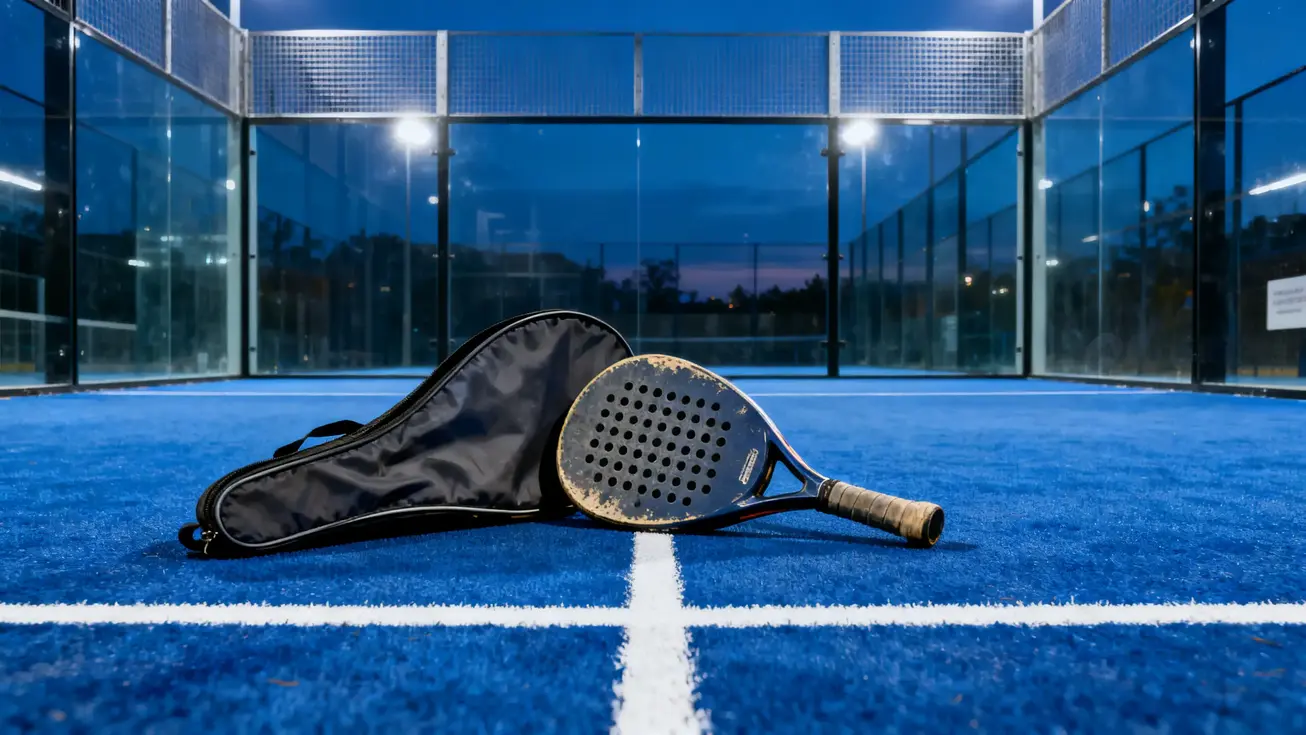 A used padel racket with visible edge wear laid flat next to its open protective cover on a blue padel court surface