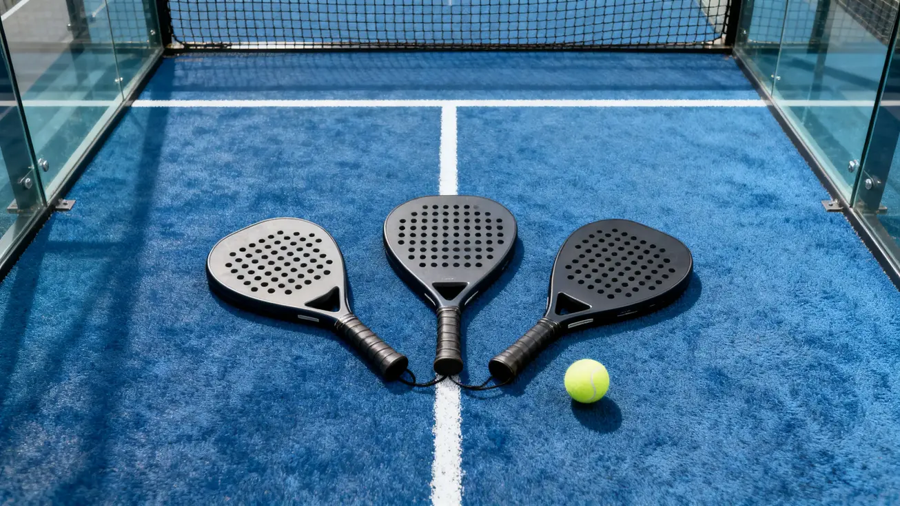 Três raquetes de padel de formas diferentes dispostas planas numa superfície de court de padel azul, com uma bola de padel ao lado