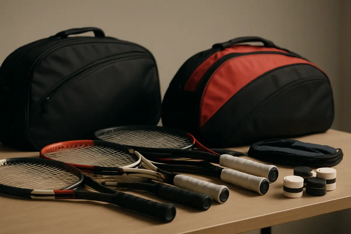 A table at a tennis club displaying pre-owned rackets, bags, and grip tape arranged for a gear-swap stall