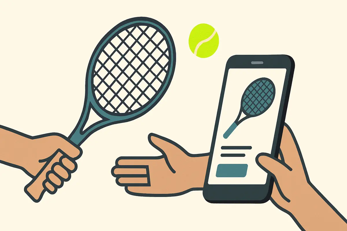 A tennis racket laid flat on a neutral surface, photographed from above for a marketplace listing