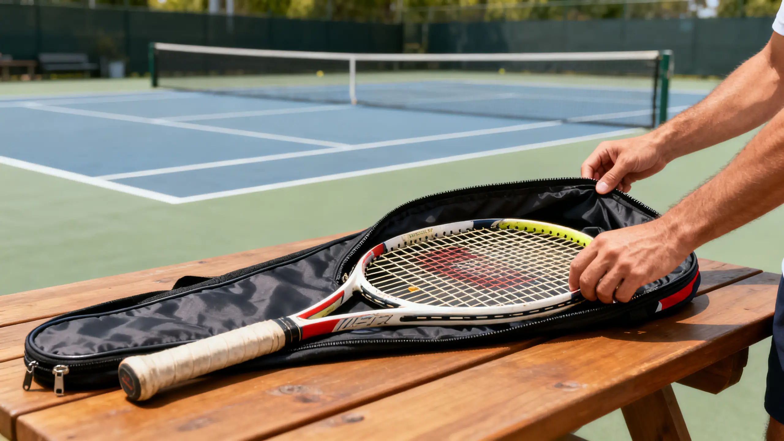 A used tennis racket with its protective cover unzipped and laid flat on a wooden table, ready for a sale listing photo