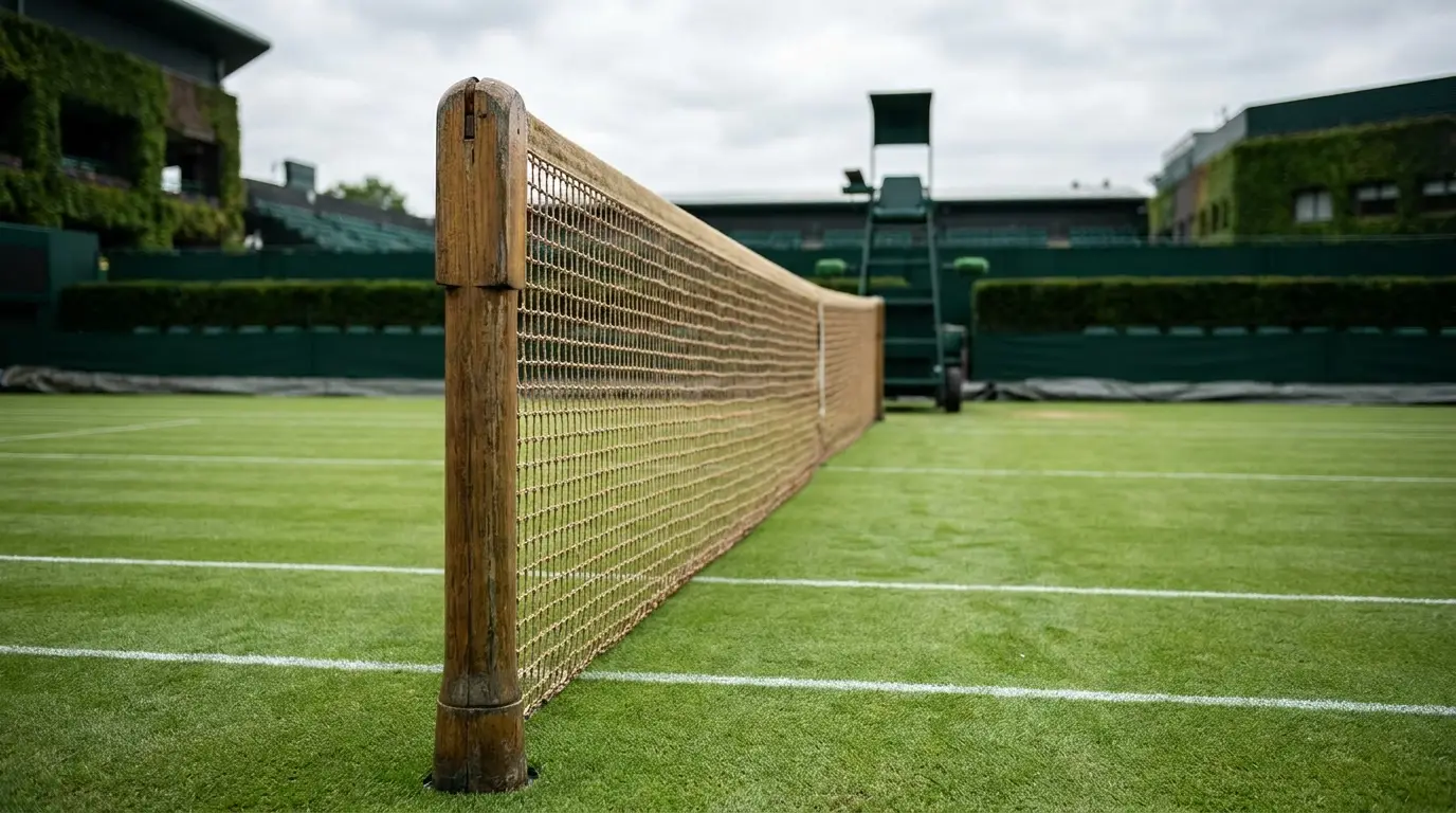 A tennis court at the All England Club with the Wimbledon net post visible in the foreground