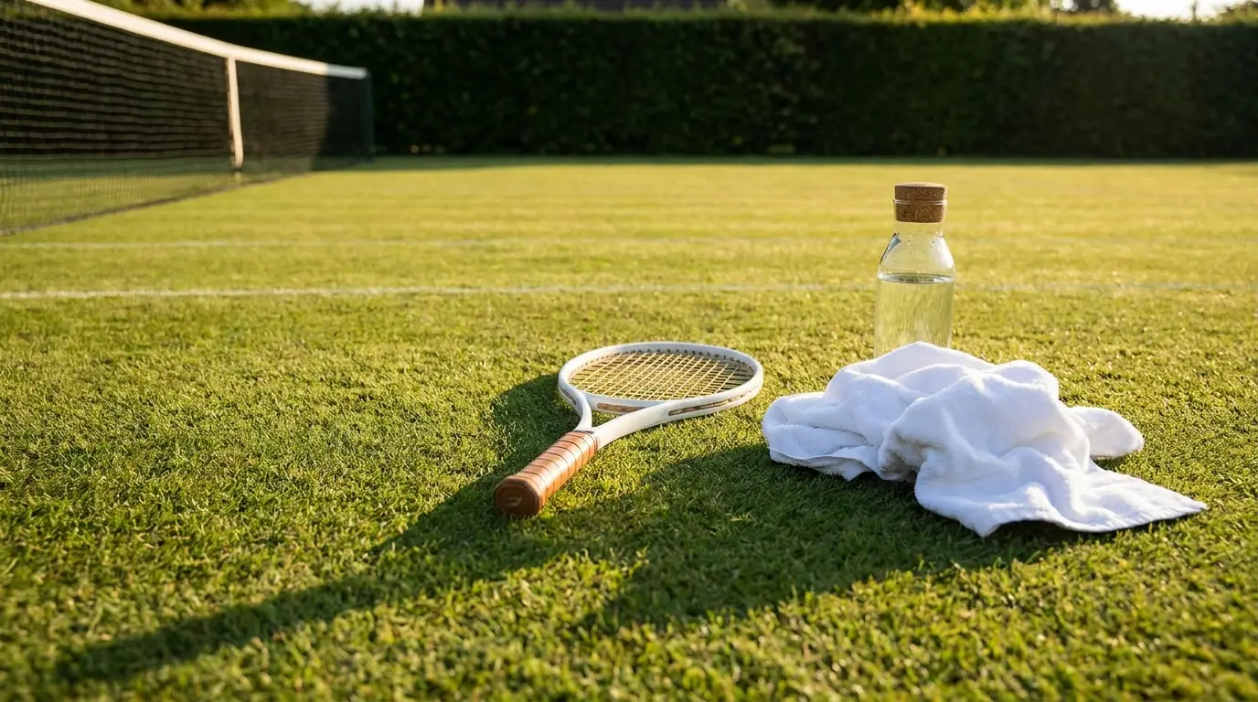 A white tennis racket resting on a grass court beside a towel and water bottle, summer light casting long shadows