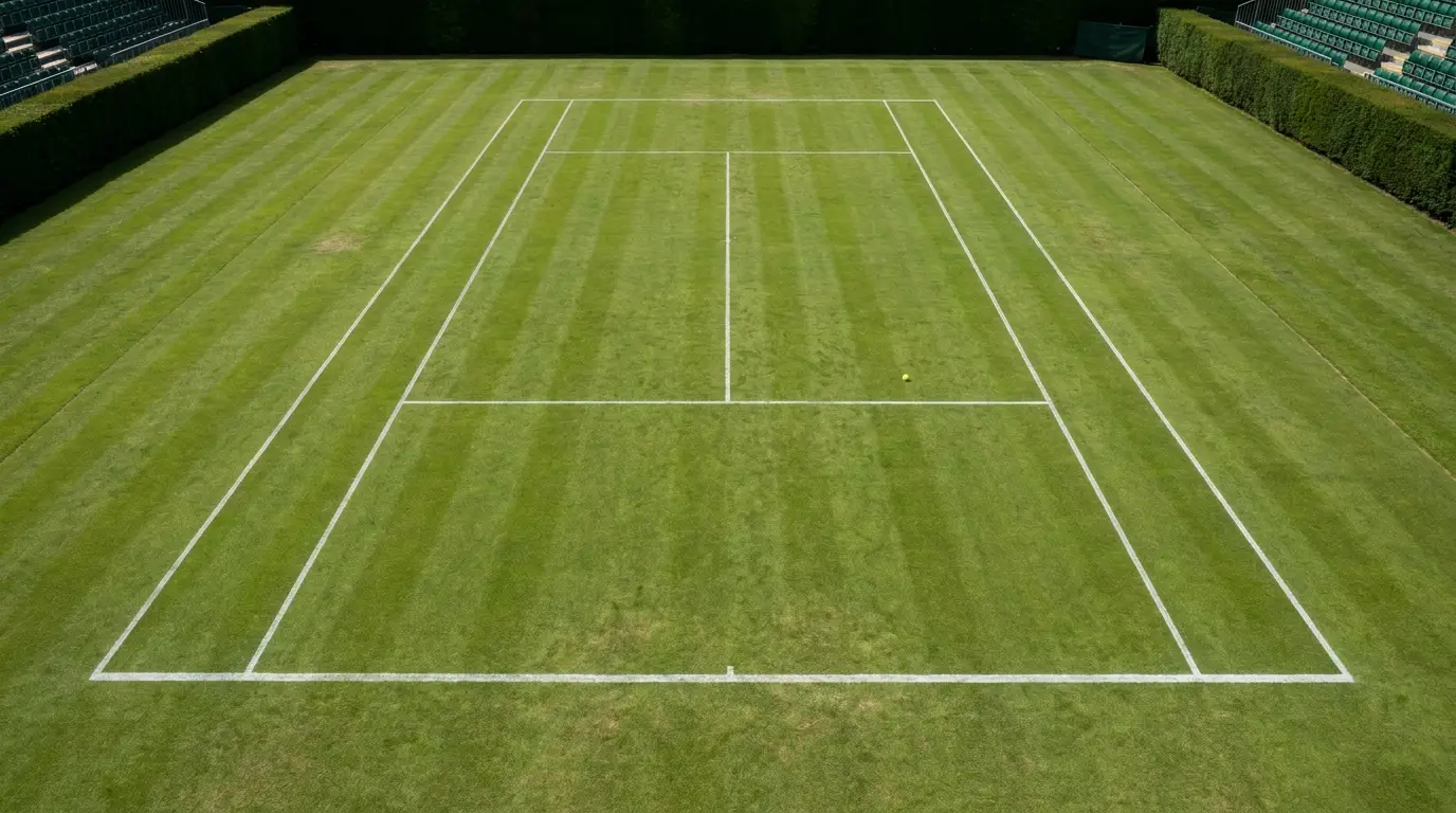Wide overhead shot of an empty grass tennis court from directly above, white lines sharp against the green surface, a single tennis ball resting near the baseline