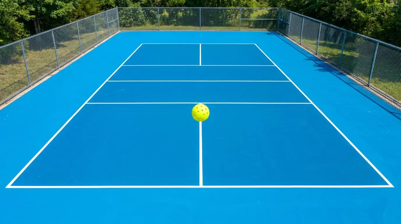 Overhead wide shot of an empty pickleball court showing the kitchen line, non-volley zone, and a single perforated plastic ball resting near the centre line on a bright blue hard surface