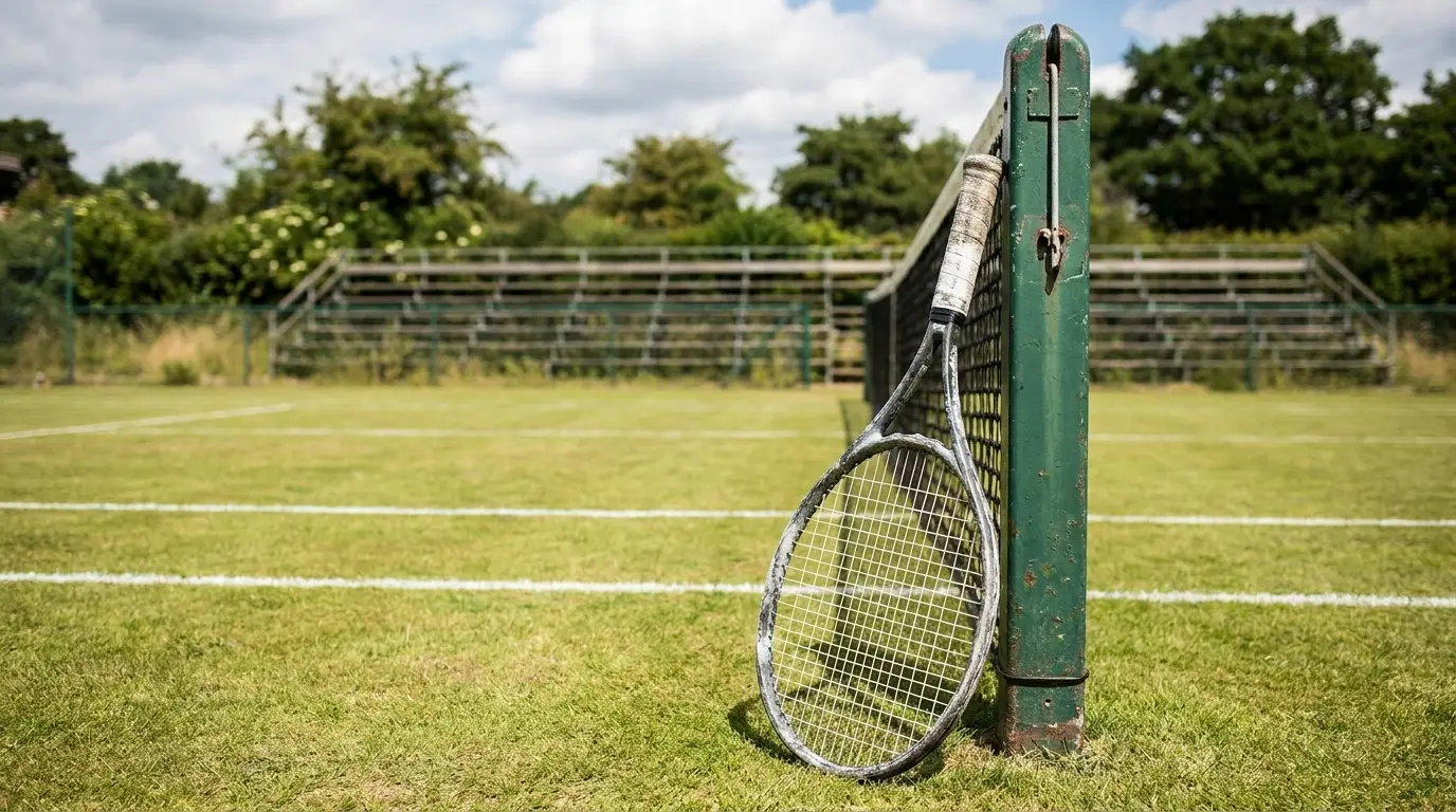 A white grass tennis court with a single racket resting against the net post, empty stands in the background