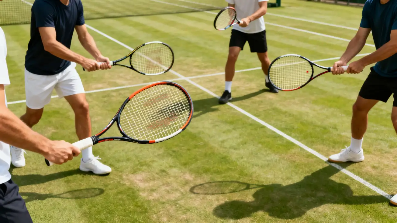 Four players rotating courts during a casual tennis round-robin session