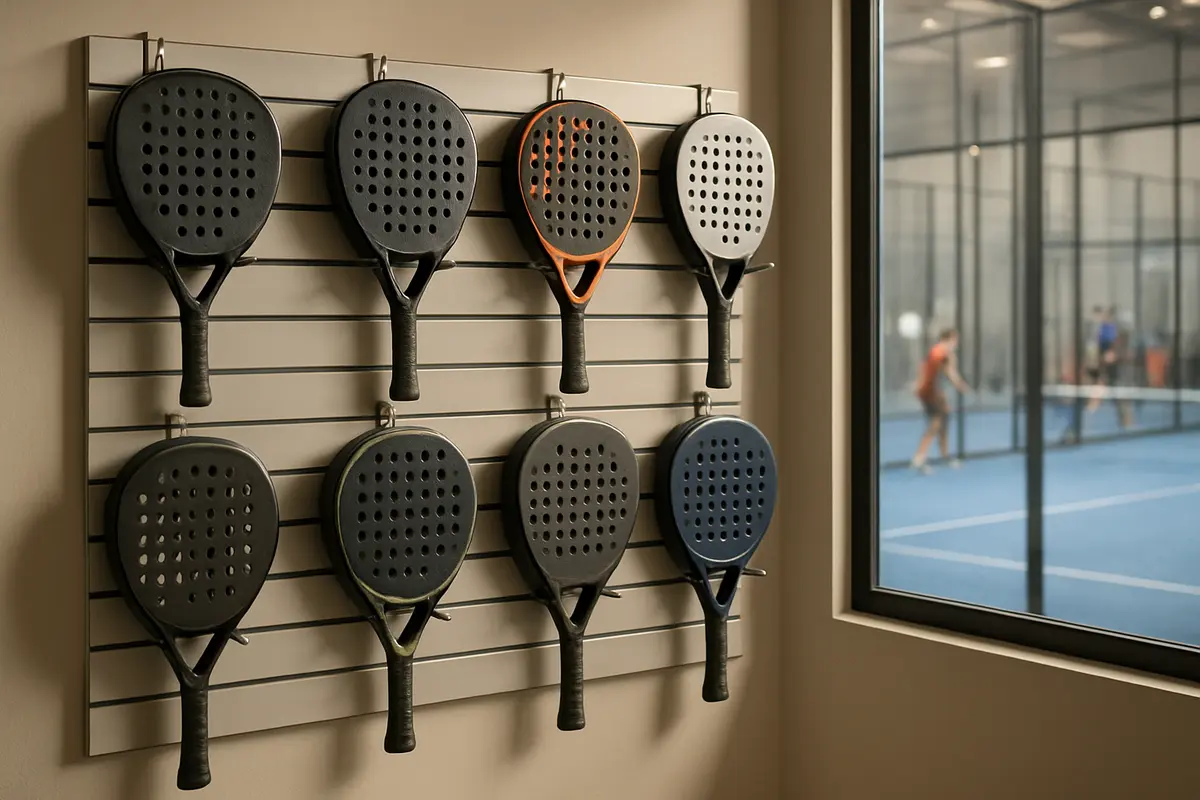 A wall of pre-owned padel rackets on display racks in a club pro shop, a busy court visible through a window behind