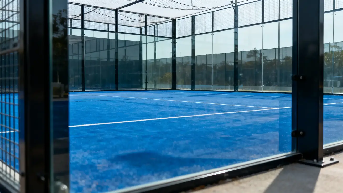 Wide-angle shot looking through a padel court's glass back wall at an empty blue court surface, with the metal frame and wire fencing visible overhead