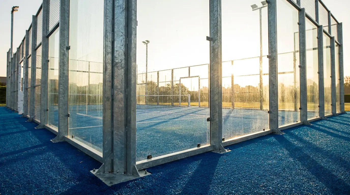 Wide-angle shot looking through a padel court's glass back wall toward an empty blue court surface, metal frame posts visible, taken at low angle in early morning light