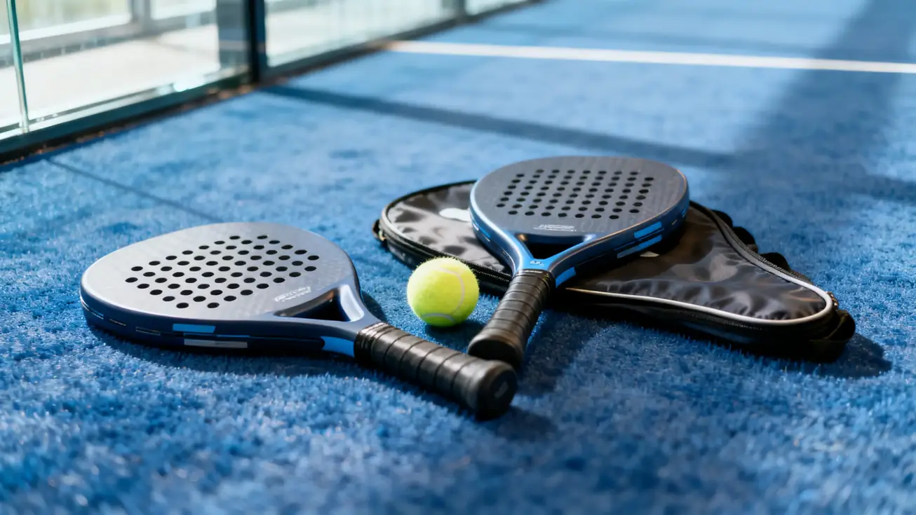 Una foto de dos palas de padel con una pelota de padel y una funda de pala en una superficie azul de pista de padel, pared de cristal visible al fondo