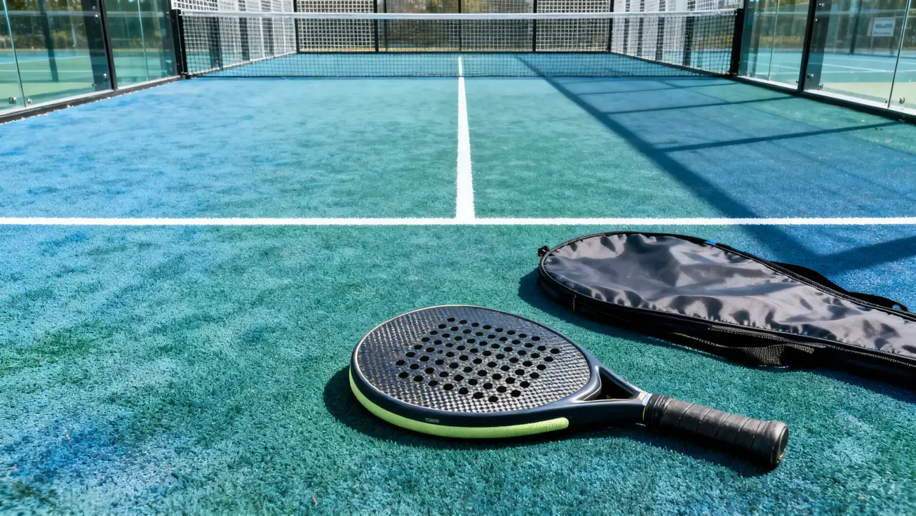 A used padel racket laid flat on a court surface beside its protective cover, shot from directly above showing the carbon fibre face and EVA foam edge in detail