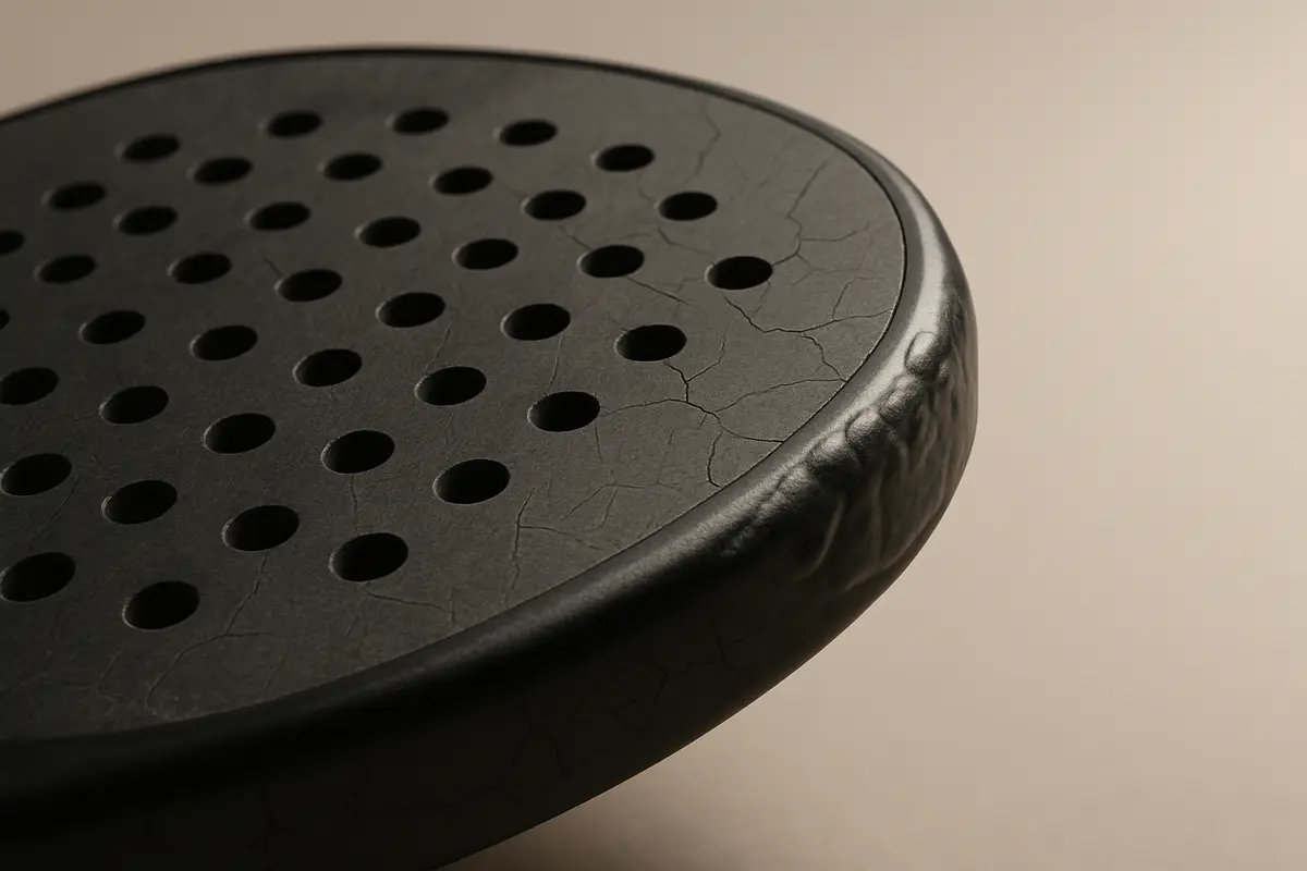 Close-up of a padel racket face showing hairline cracks and delamination bubbling near the edge guard