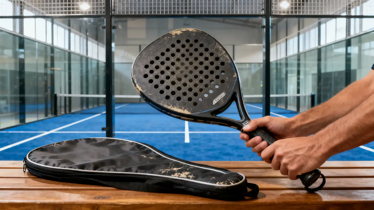 A used padel racket with its protective cover laid flat beside it on a wooden surface, showing light edge scuffs and surface wear