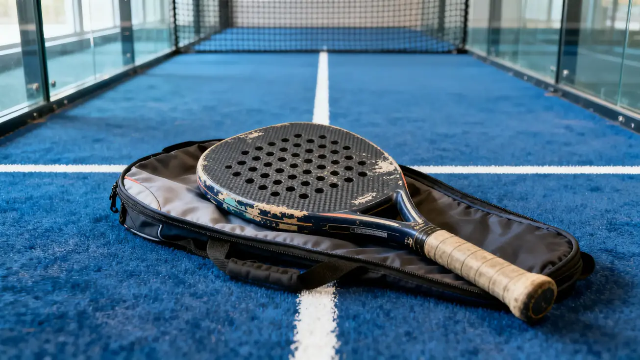 A used padel racket laid flat on its open carry bag on a blue padel court surface, showing worn edges and scuff marks on the carbon face