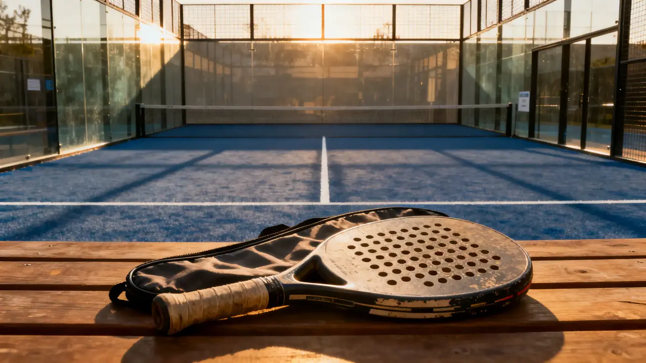 A used padel racket laid flat next to its protective cover on a wooden surface, showing surface scuffs and edge wear