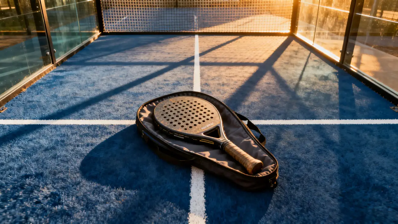 A used padel racket lying face-up on its open cover on a blue padel court surface, shot from directly above