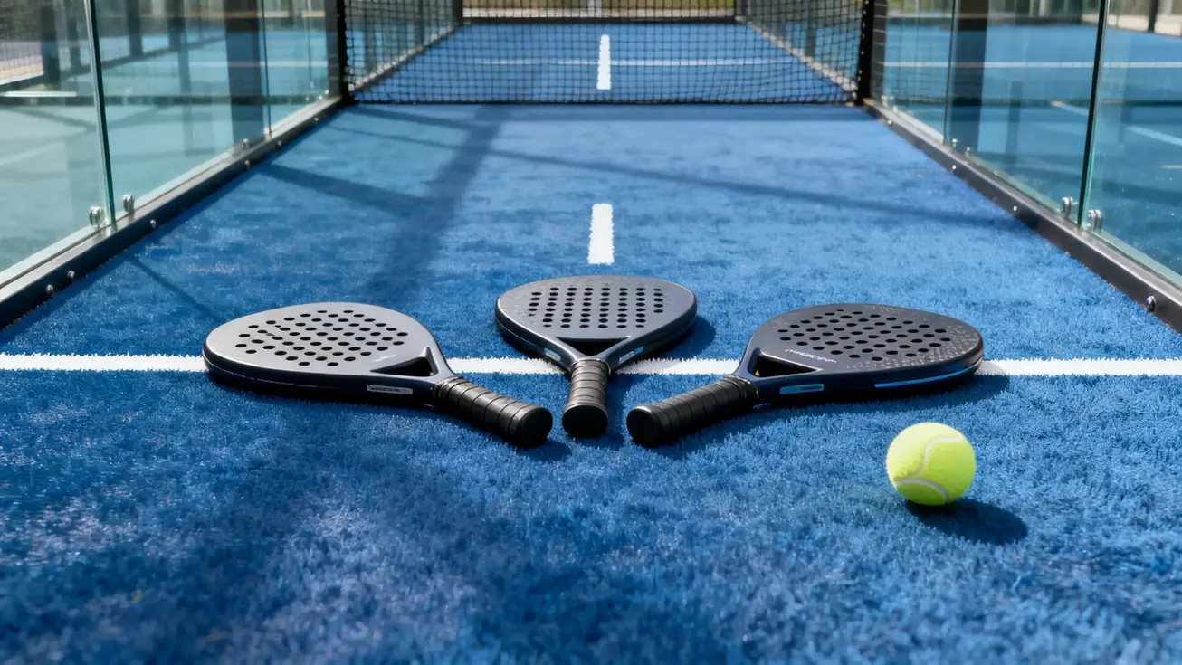 Three padel rackets of different shapes laid out flat on a blue padel court surface, with a padel ball resting beside them