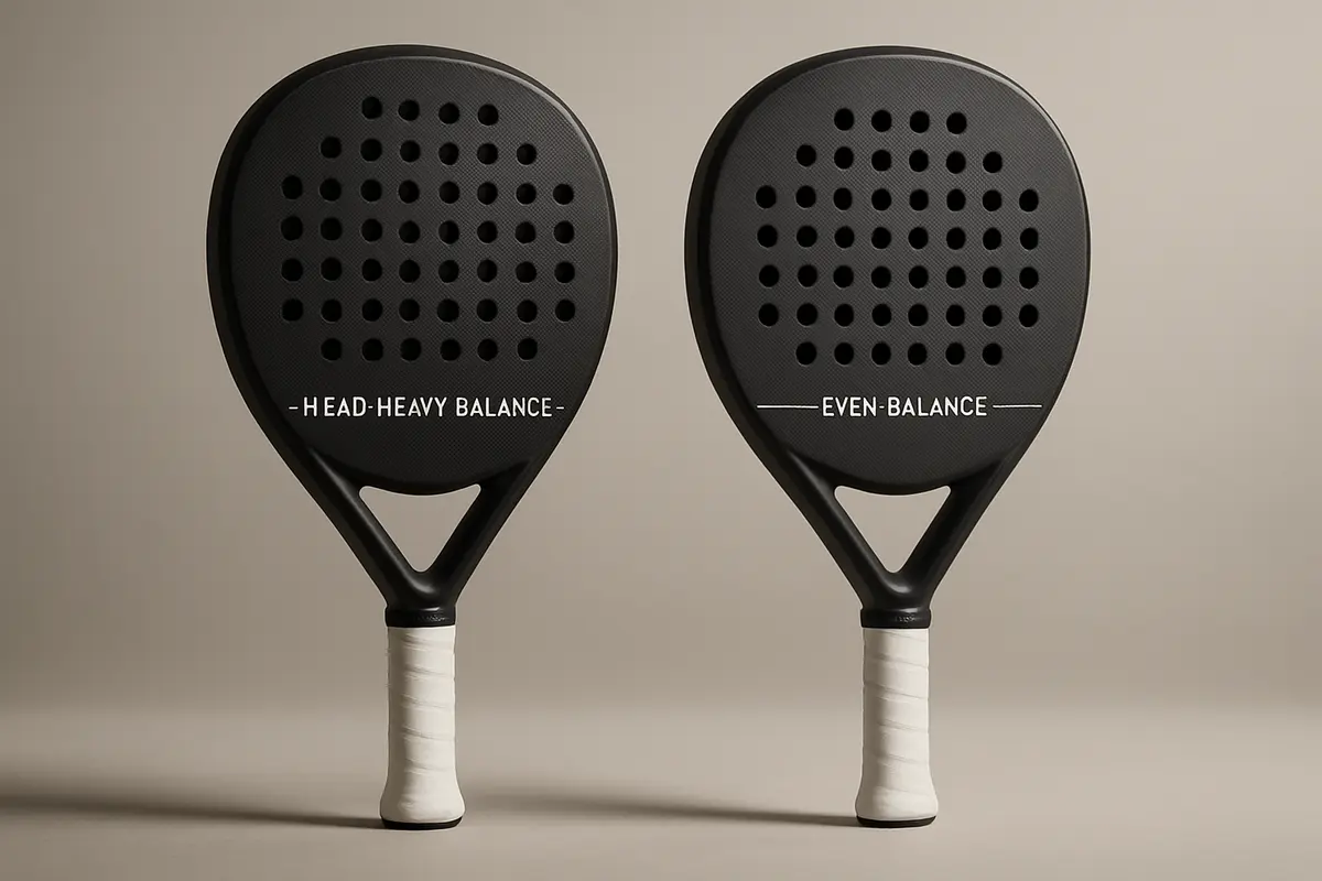 Two padel rackets side by side showing different balance points marked on the frame