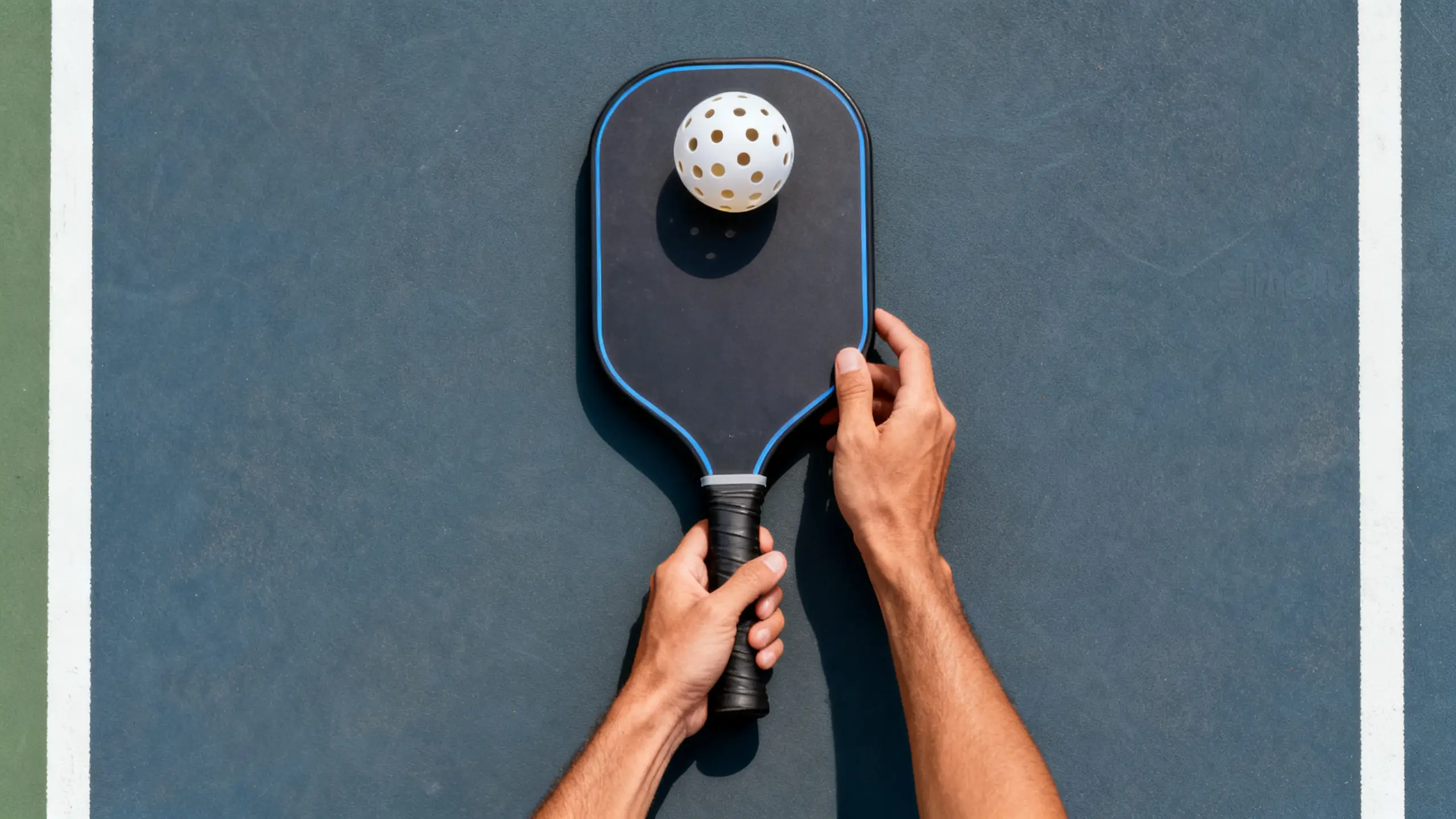 A flat-lay of a pickleball paddle and a perforated plastic ball on a hard court surface, shot from directly overhead with the court lines visible at the edges of the frame