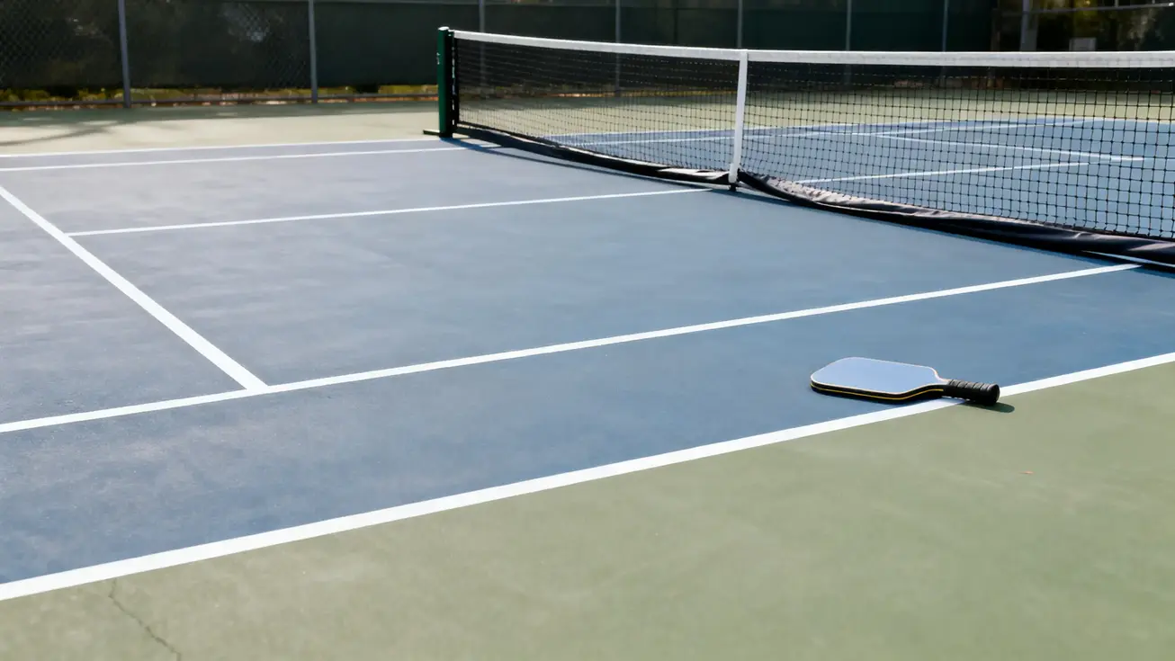 Low-angle shot of an empty hard-surface public court from the baseline, portable net folded to one side, no people present, fencing visible in background