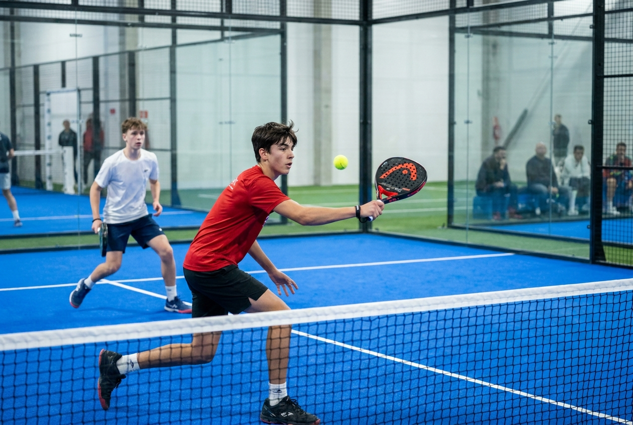 Teenage padel players competing on an indoor court at a junior tournament in Porto