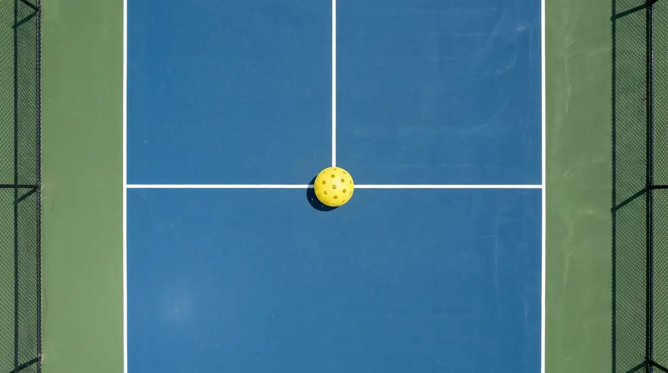 Overhead view of an empty pickleball court with a perforated plastic ball resting near the non-volley zone line, shot from above on a blue hard-court surface