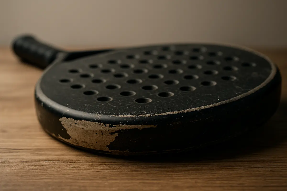 Close-up inspection of a pre-owned padel racket face and frame edge on a wooden surface