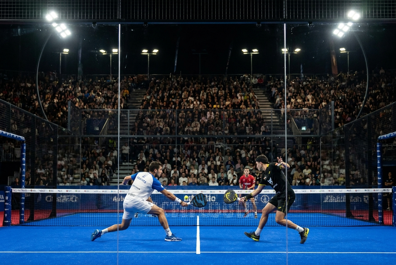 A floodlit Premier Padel show court with players mid-rally and a packed crowd behind the glass