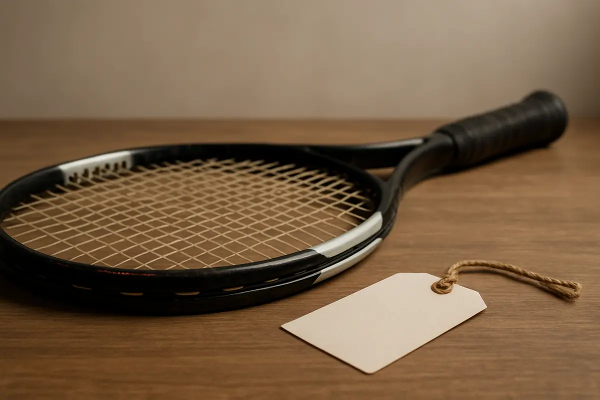 A pre-owned tennis racket resting on a wooden surface next to a handwritten price tag