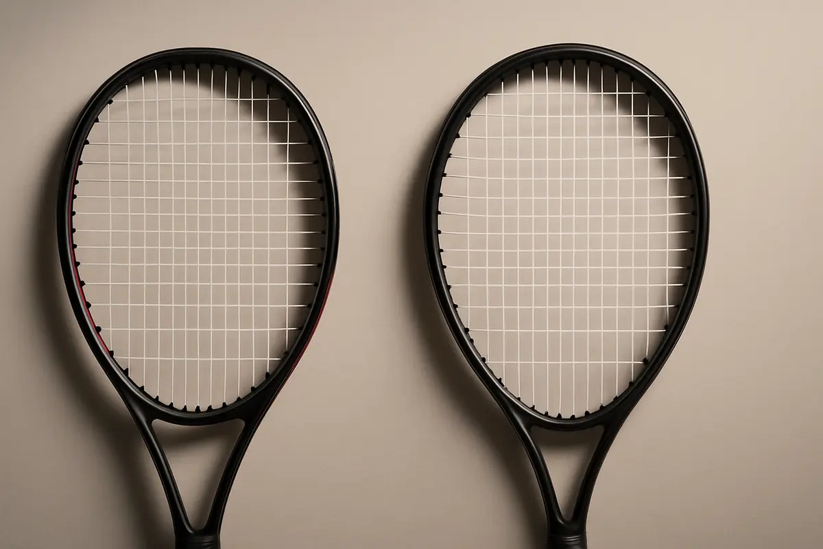 Side-by-side diagram of an open-throat tennis racket and a closed-throat teardrop frame showing the structural differences at the throat
