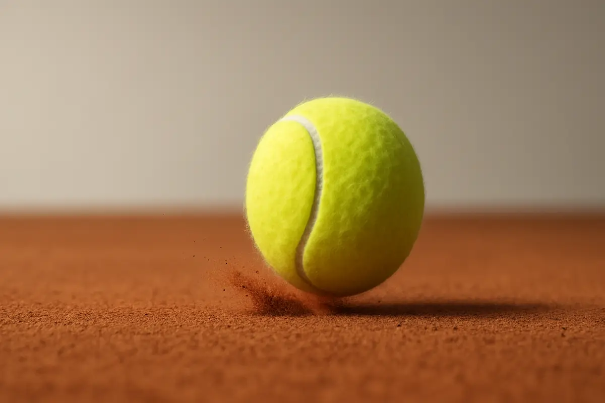 A tennis ball mid-bounce on a clay court, red dust visible at the point of contact