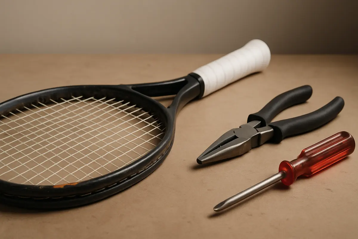 A tennis racket frame with worn grommets and a fresh overgrip laid out on a workbench next to repair tools