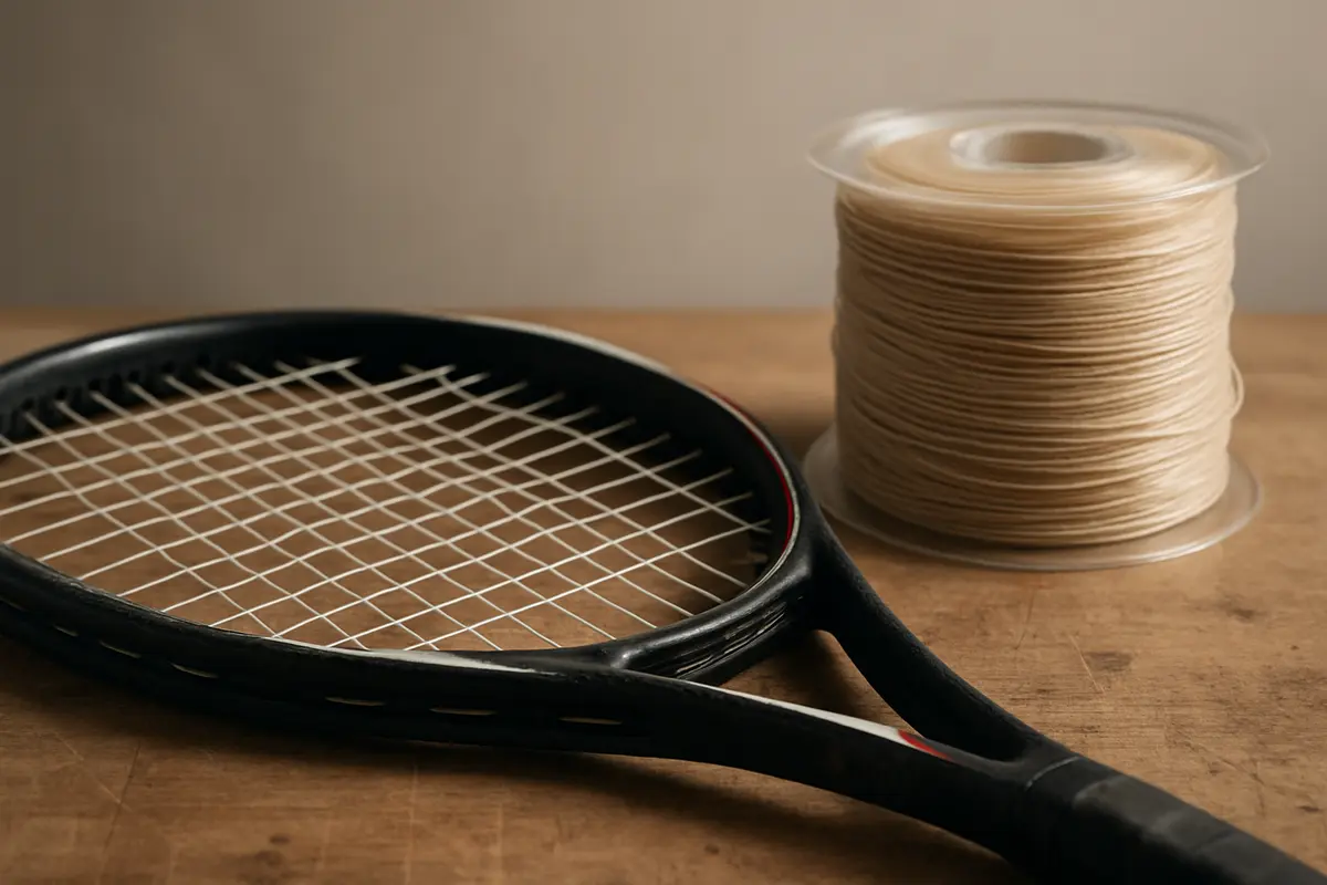 A tennis racket frame on a workbench next to a spool of string, showing a restringing decision in progress