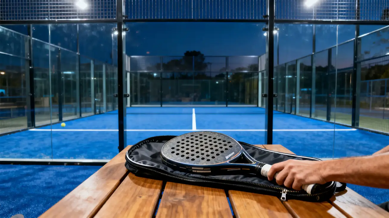 A used padel racket with its protective cover unzipped and laid flat on a wooden table, photographed from above as if ready to be listed for sale