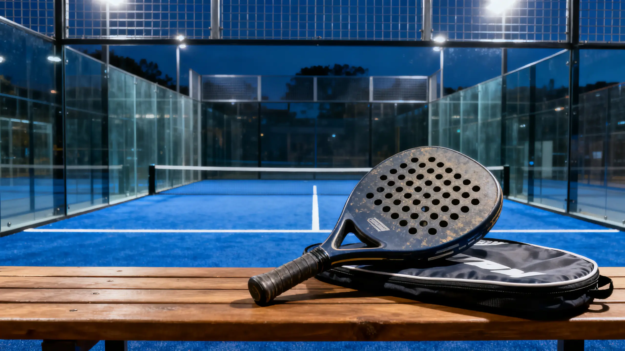 A used padel racket with its protective cover laid flat beside it on a wooden surface, ready to be photographed for a sale listing