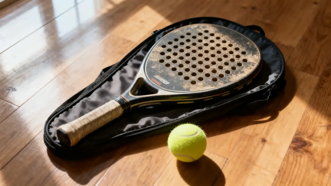 A used padel racket resting on its protective cover on a wooden floor, with a padel ball placed beside it, shot from directly above as a flat-lay